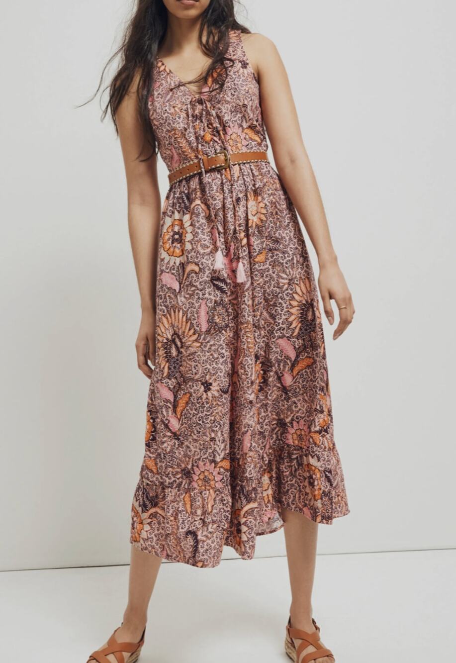 Madewell Bali Blooms Floral Midi Dress Size 6 Fall Boho Ruffle Lace Up
